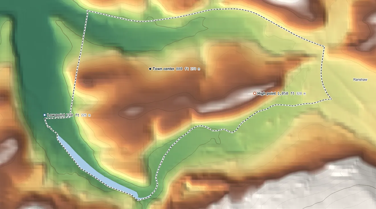 Topographic elevation map of Marshallton, Pennsylvania, shaded from 740 ft on the southwest side to 1,050 ft at the foot of the Little Mountain