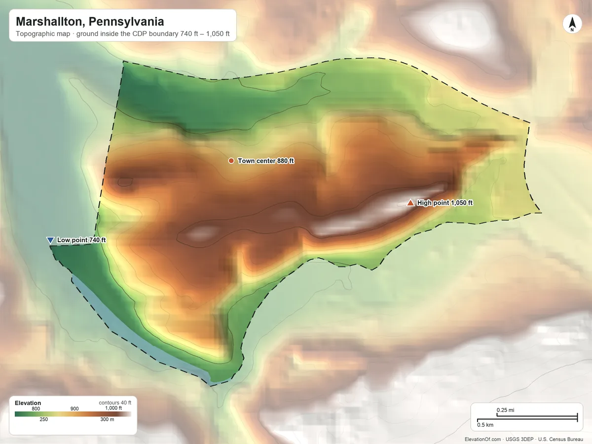 Topographic elevation map of Marshallton, Pennsylvania, shaded from 740 ft on the southwest side to 1,050 ft at the foot of the Little Mountain