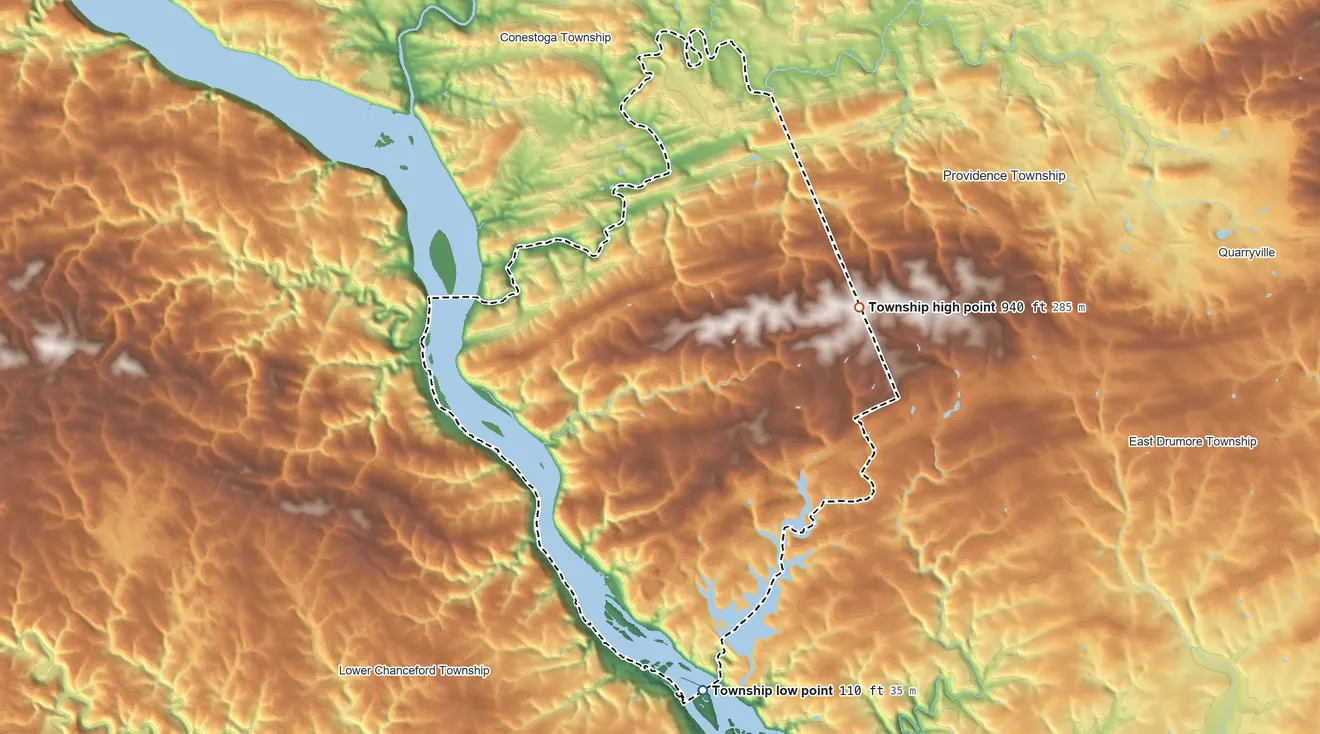 Topographic elevation map of Martic Township, Pennsylvania, shaded from 110 ft on the south side to 940 ft on the east side