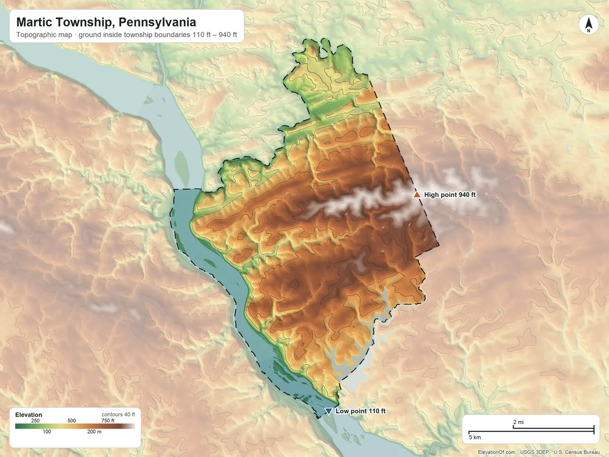 Topographic elevation map of Martic Township, Pennsylvania, shaded from 110 ft on the south side to 940 ft on the east side
