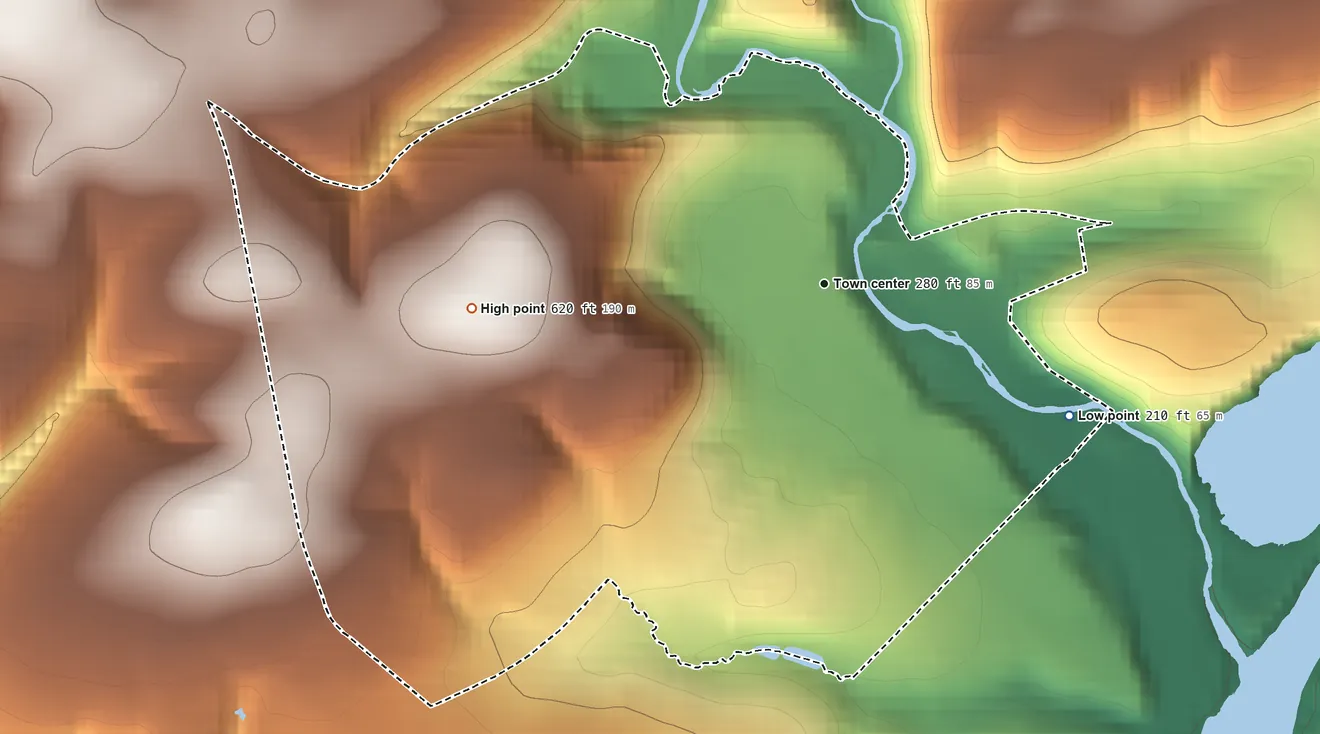 Topographic elevation map of Martins Creek, Pennsylvania, shaded from 210 ft on the southeast side to 620 ft on the west side