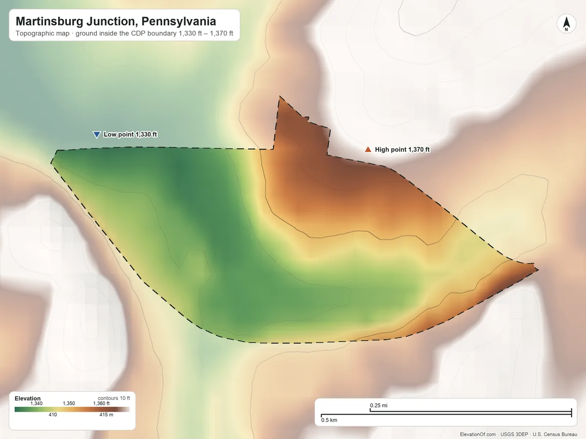 Topographic elevation map of Martinsburg Junction, Pennsylvania, shaded from 1,330 ft on the west side to 1,370 ft at the foot of the Tussey Mountain
