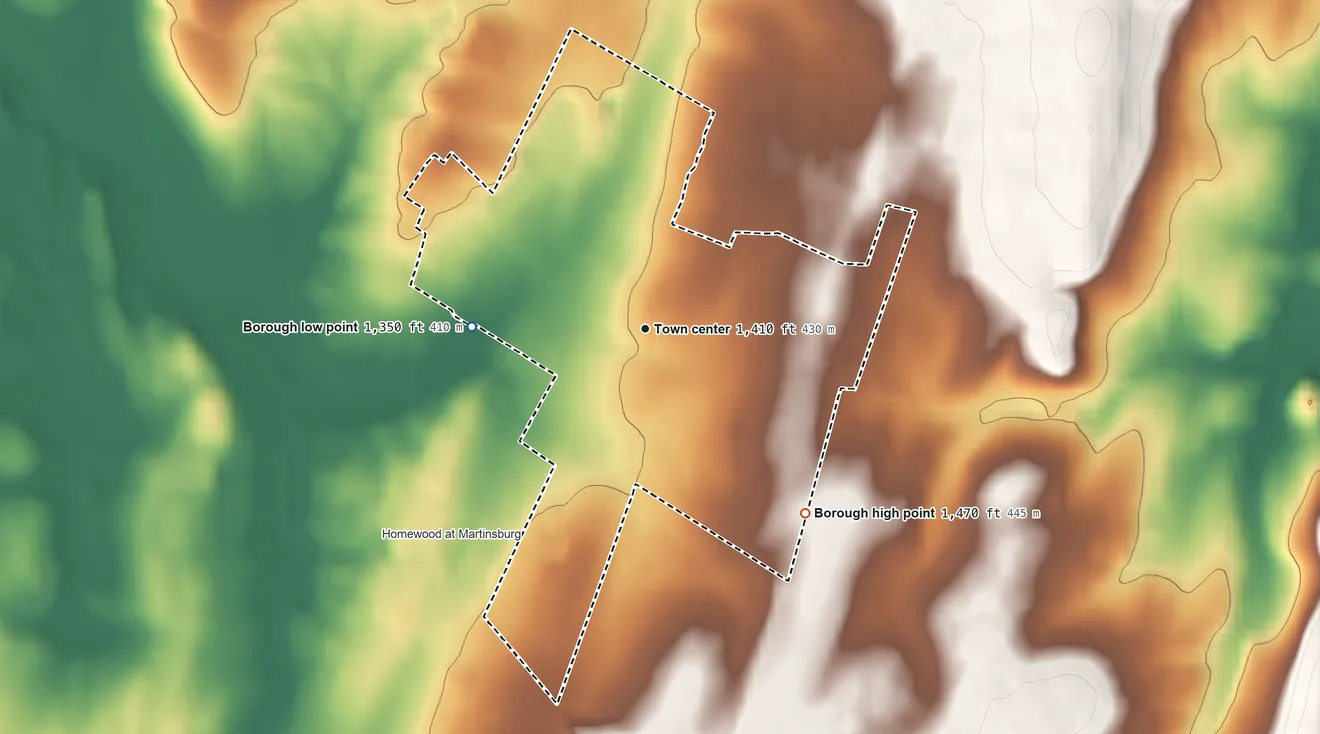 Topographic elevation map of Martinsburg, Pennsylvania, shaded from 1,350 ft on the west side to 1,470 ft on the southeast side