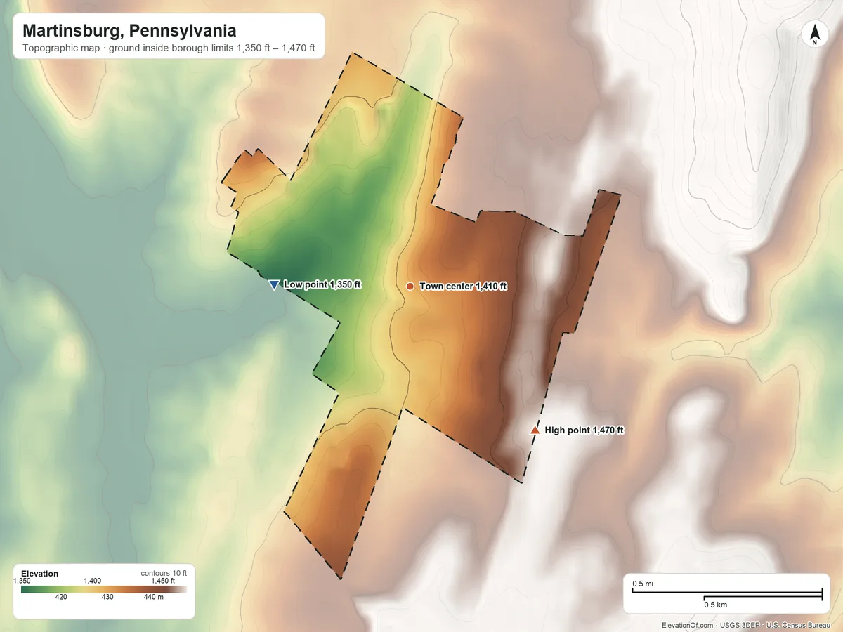 Topographic elevation map of Martinsburg, Pennsylvania, shaded from 1,350 ft on the west side to 1,470 ft on the southeast side