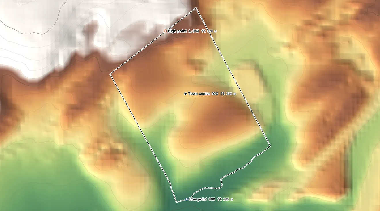 Topographic elevation map of Maryd, Pennsylvania, shaded from 800 ft on the south side to 1,040 ft at the foot of the Broad Mountain