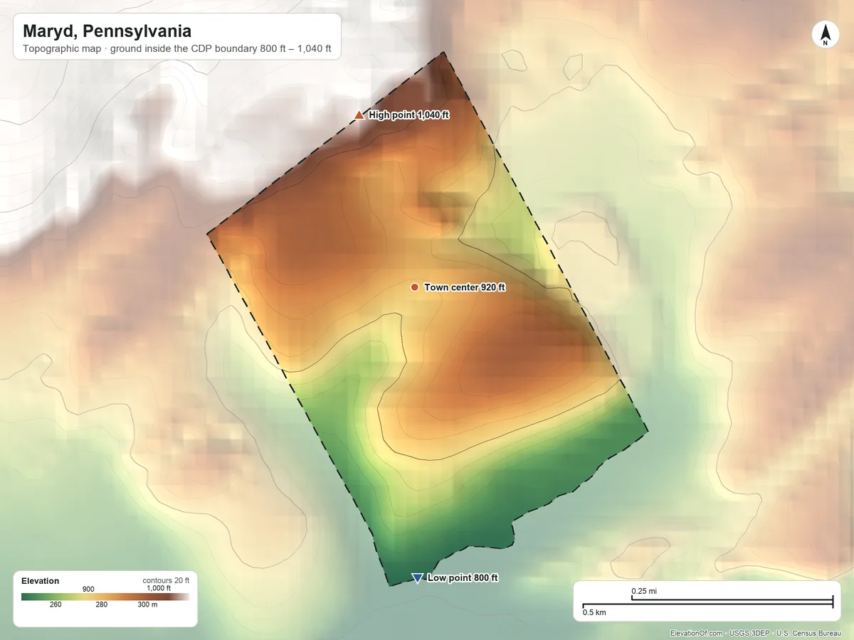 Topographic elevation map of Maryd, Pennsylvania, shaded from 800 ft on the south side to 1,040 ft at the foot of the Broad Mountain