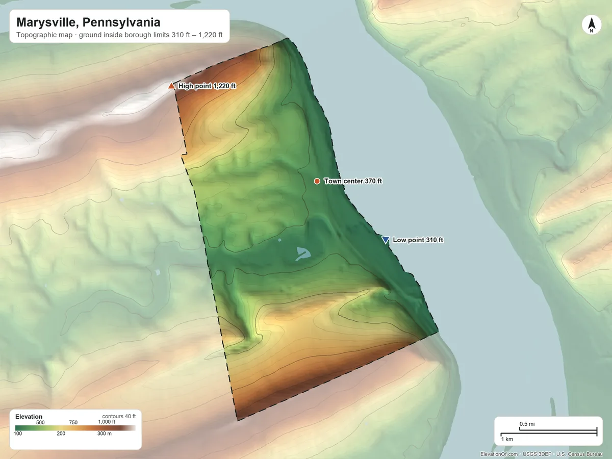 Topographic elevation map of Marysville, Pennsylvania, shaded from 310 ft on the southeast side to 1,220 ft on the northwest side