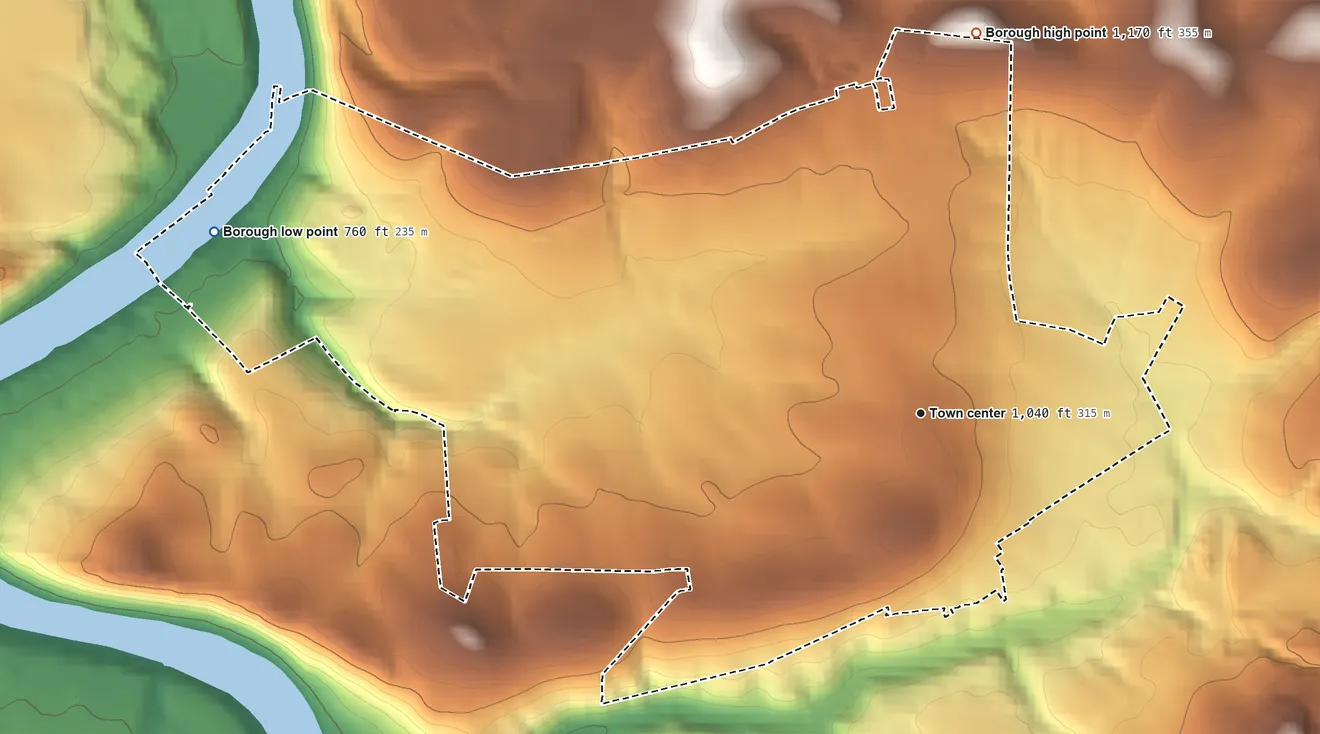 Topographic elevation map of Masontown, Pennsylvania, shaded from 760 ft on the west side to 1,170 ft on the north side