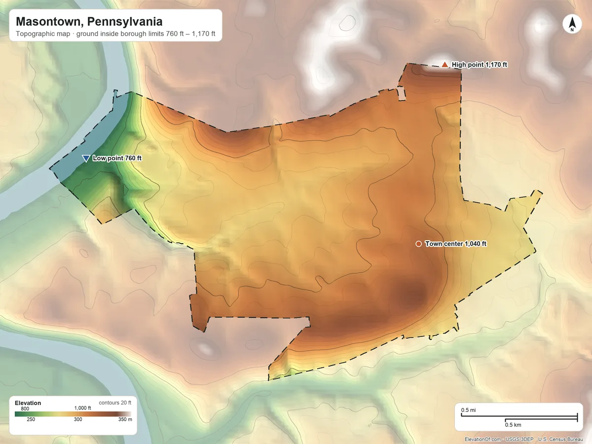 Topographic elevation map of Masontown, Pennsylvania, shaded from 760 ft on the west side to 1,170 ft on the north side