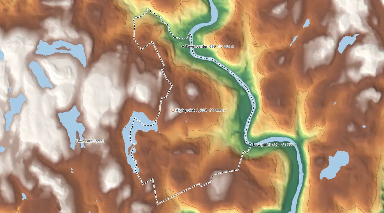 Topographic elevation map of Masthope, Pennsylvania, shaded from 620 ft on the southeast side to 1,310 ft on the south side