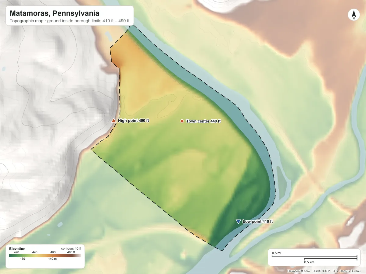 Topographic elevation map of Matamoras, Pennsylvania, shaded from 410 ft on the southeast side to 490 ft on the west edge, below higher ground just outside