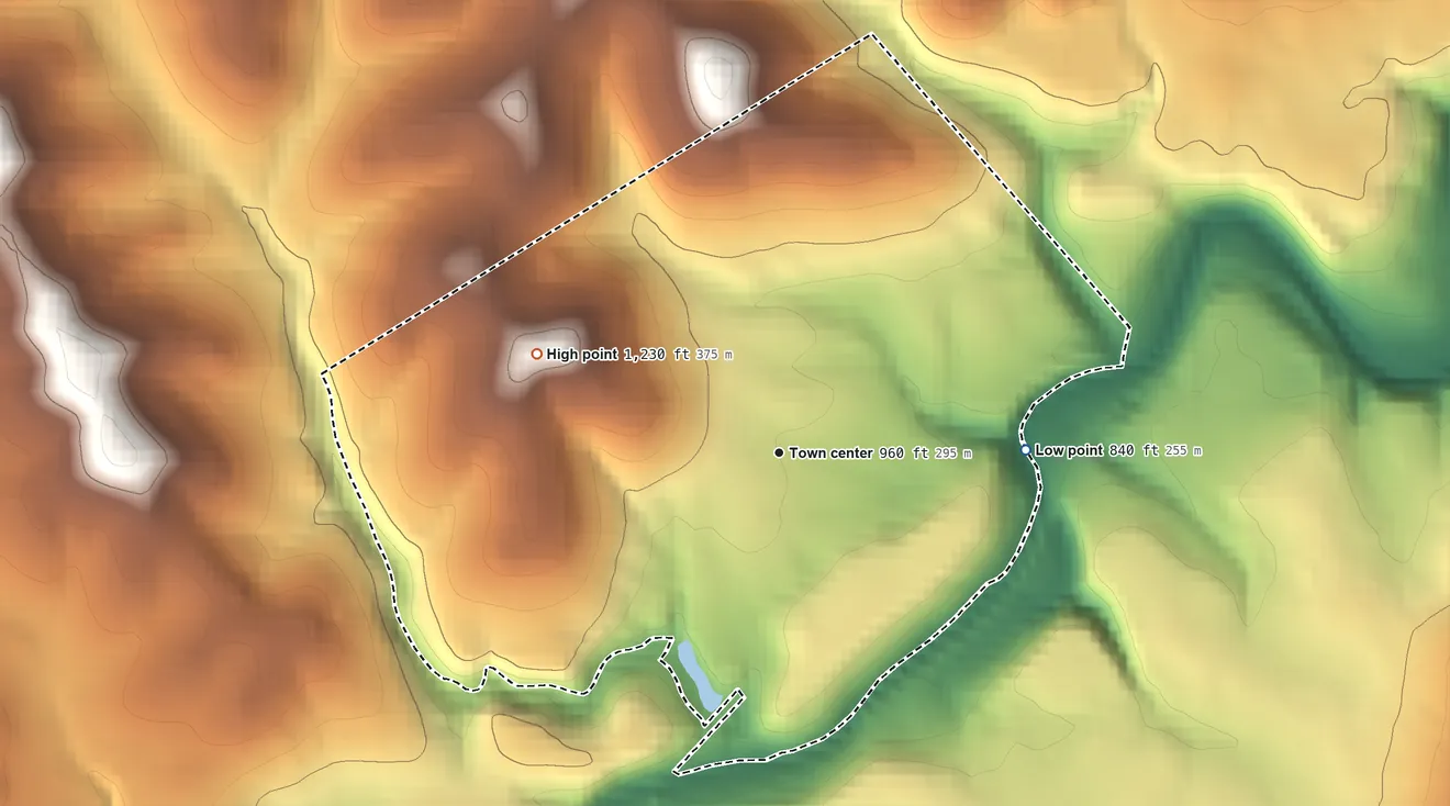 Topographic elevation map of Mather, Pennsylvania, shaded from 840 ft on the east side to 1,230 ft on the west side
