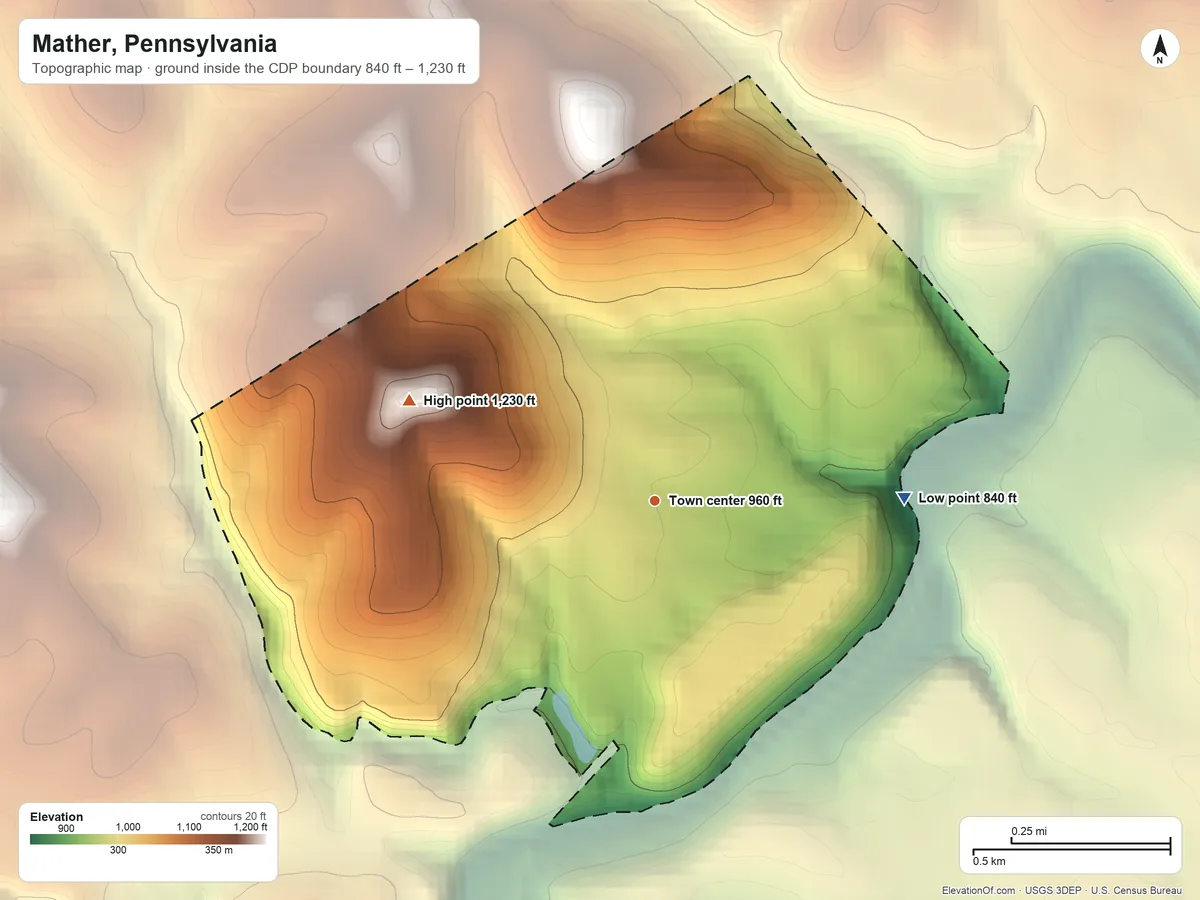 Topographic elevation map of Mather, Pennsylvania, shaded from 840 ft on the east side to 1,230 ft on the west side