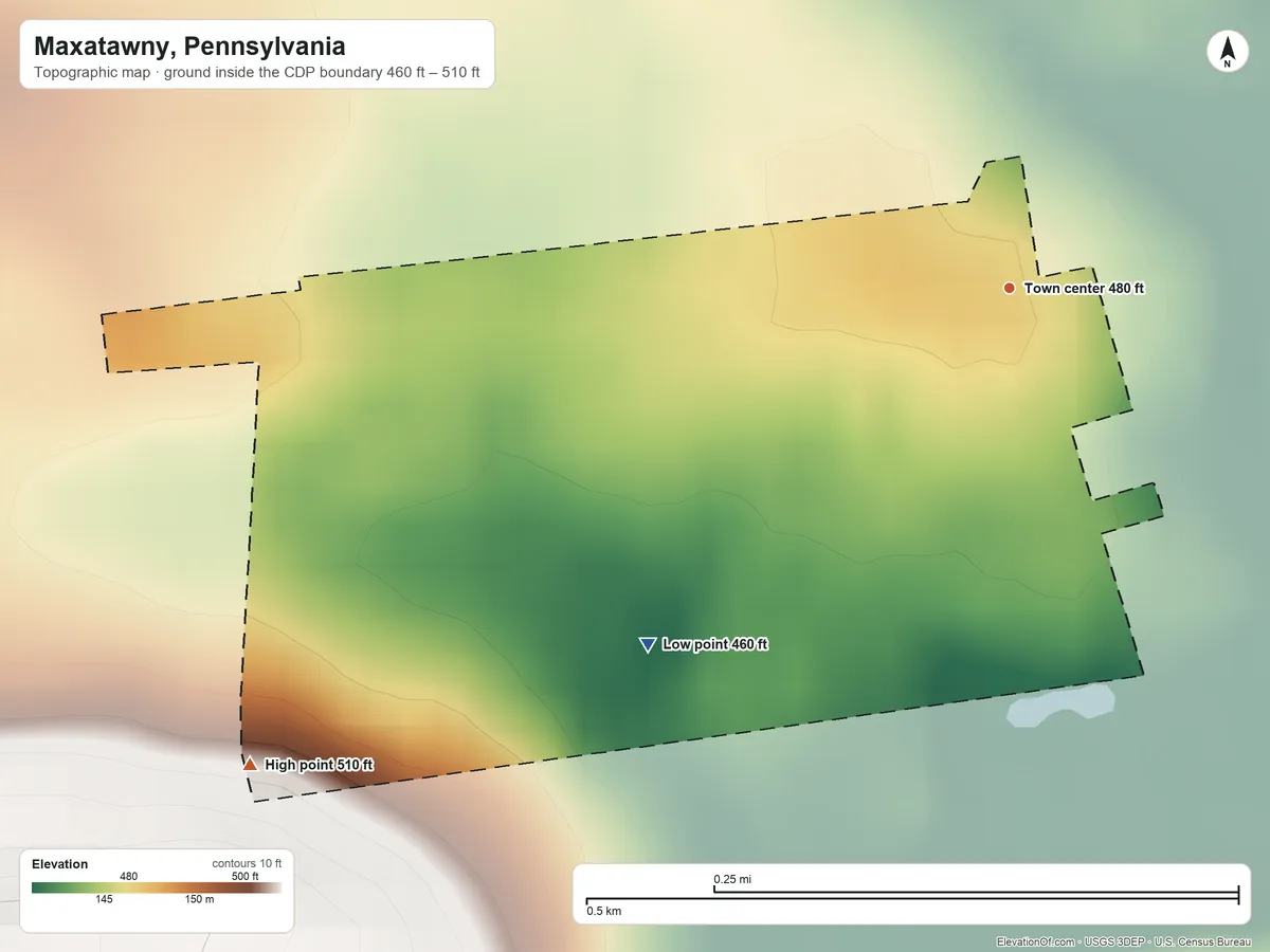 Topographic elevation map of Maxatawny, Pennsylvania, shaded from 460 ft on the southwest side to 510 ft on the southwest side