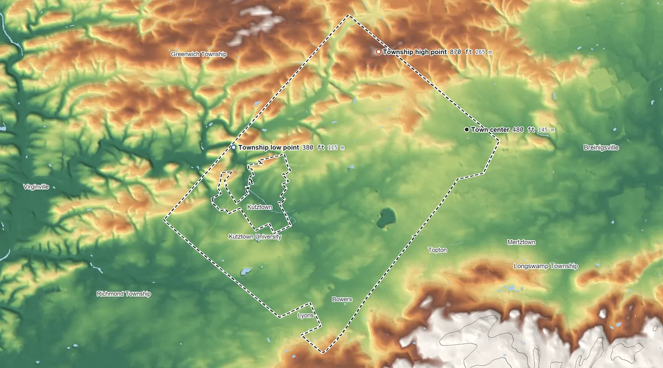 Topographic elevation map of Maxatawny Township, Pennsylvania, shaded from 380 ft on the west side to 870 ft on the northwest side