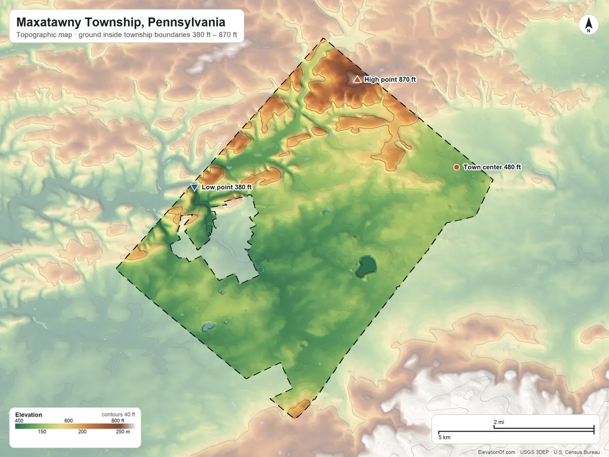 Topographic elevation map of Maxatawny Township, Pennsylvania, shaded from 380 ft on the west side to 870 ft on the northwest side