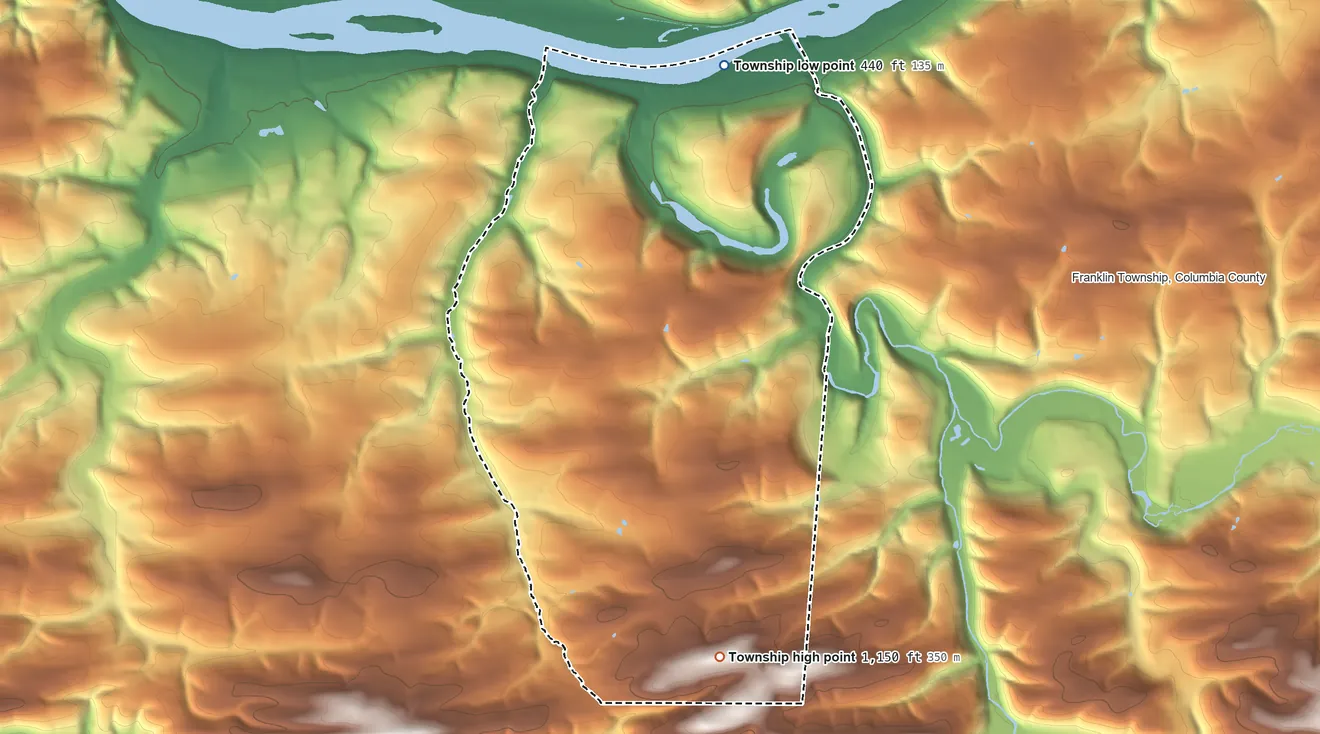 Topographic elevation map of Mayberry Township, Pennsylvania, shaded from 440 ft on the north side to 1,150 ft on the south side