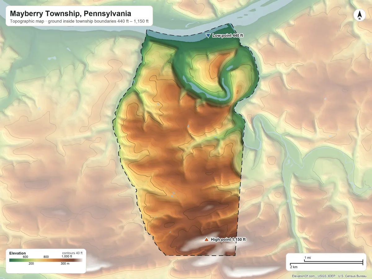 Topographic elevation map of Mayberry Township, Pennsylvania, shaded from 440 ft on the north side to 1,150 ft on the south side