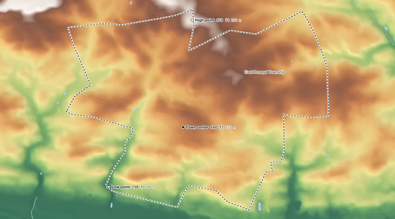 Topographic elevation map of Maytown, Pennsylvania, shaded from 290 ft on the southwest side to 460 ft on the north side