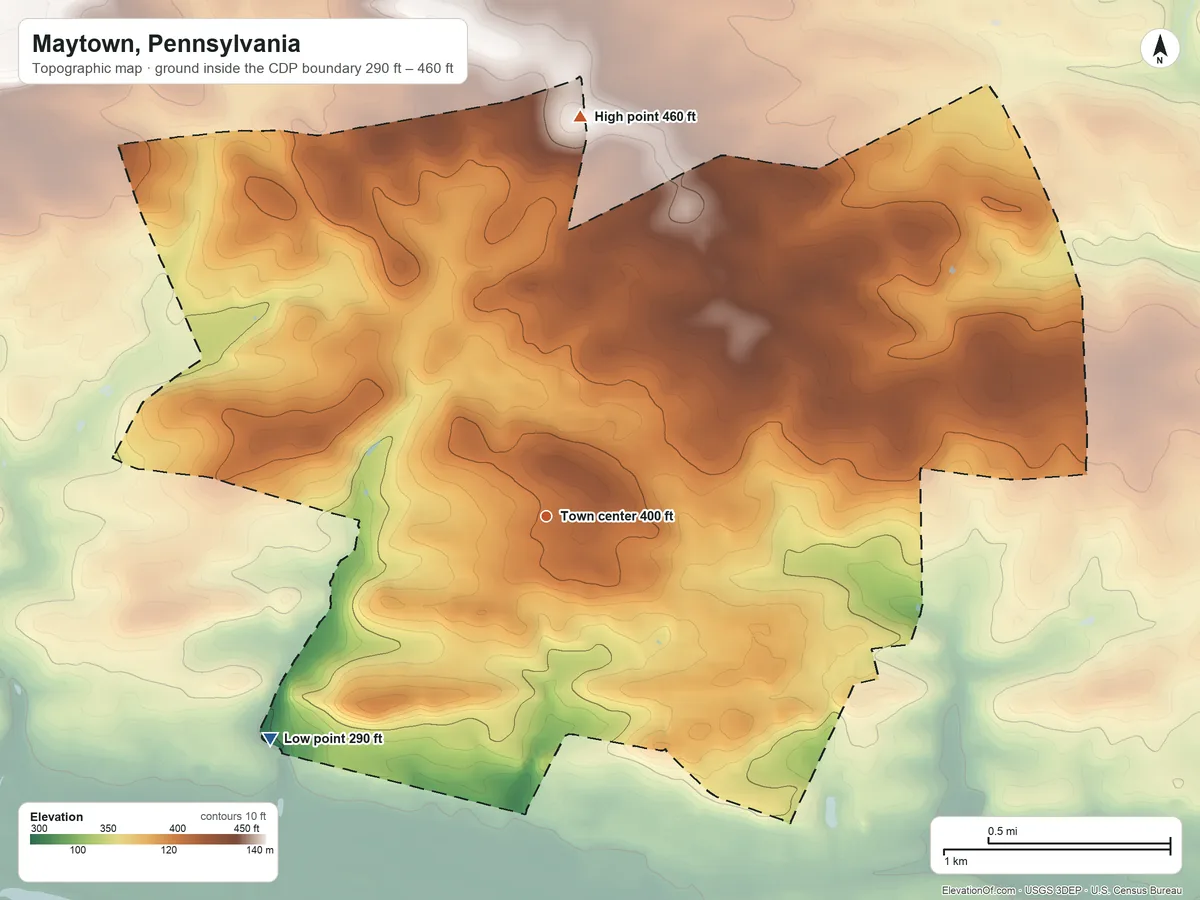 Topographic elevation map of Maytown, Pennsylvania, shaded from 290 ft on the southwest side to 460 ft on the north side