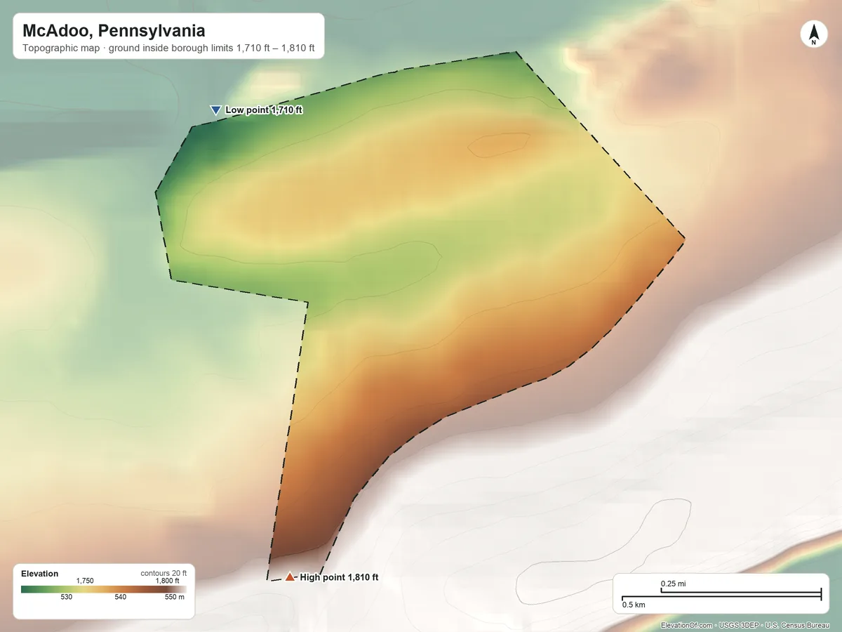 Topographic elevation map of McAdoo, Pennsylvania, shaded from 1,710 ft on the northwest side to 1,810 ft on the south side