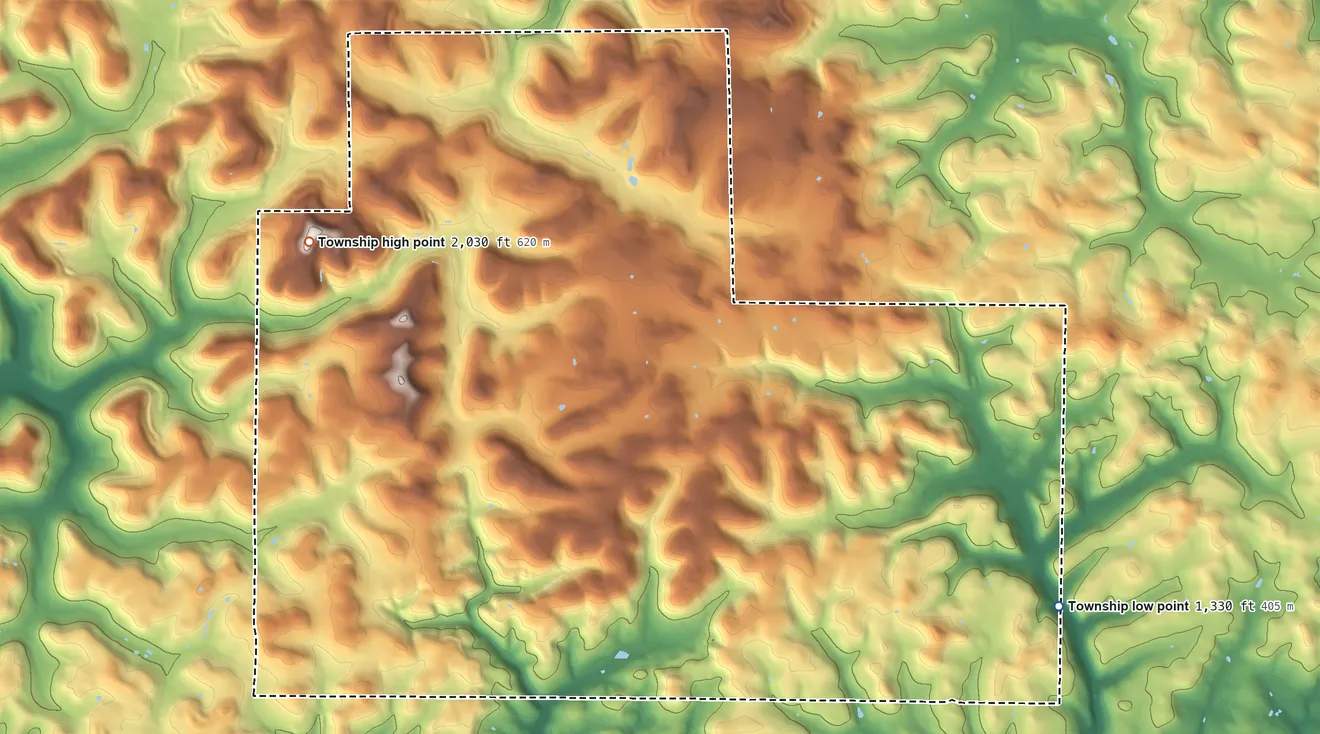 Topographic elevation map of McCalmont Township, Pennsylvania, shaded from 1,330 ft on the east side to 2,030 ft on the northwest side