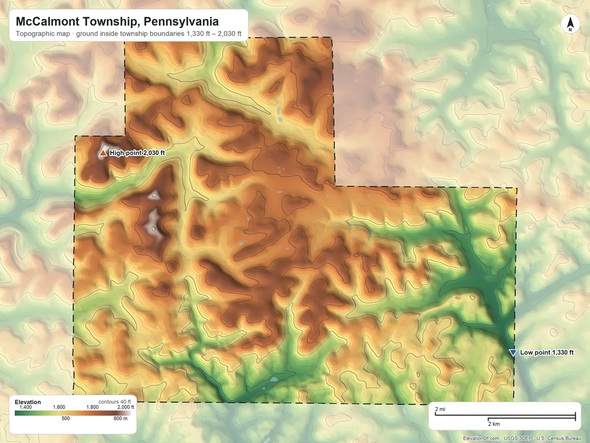 Topographic elevation map of McCalmont Township, Pennsylvania, shaded from 1,330 ft on the east side to 2,030 ft on the northwest side