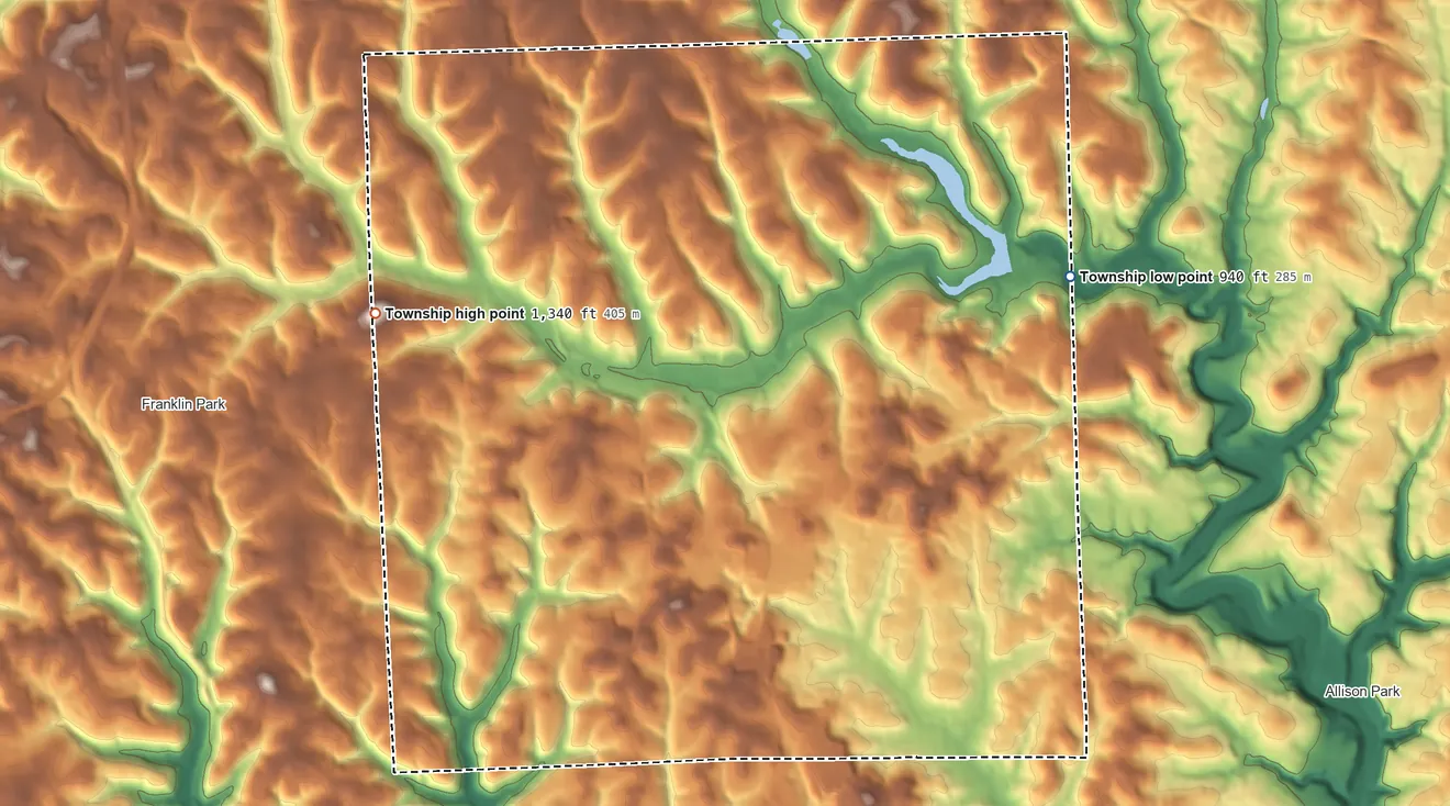 Topographic elevation map of McCandless Township, Pennsylvania, shaded from 940 ft on the northeast side to 1,340 ft on the northwest side