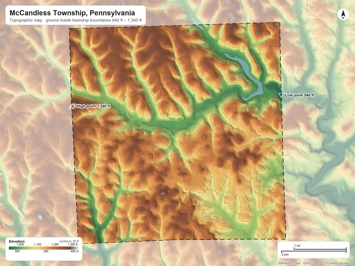 Topographic elevation map of McCandless Township, Pennsylvania, shaded from 940 ft on the northeast side to 1,340 ft on the northwest side