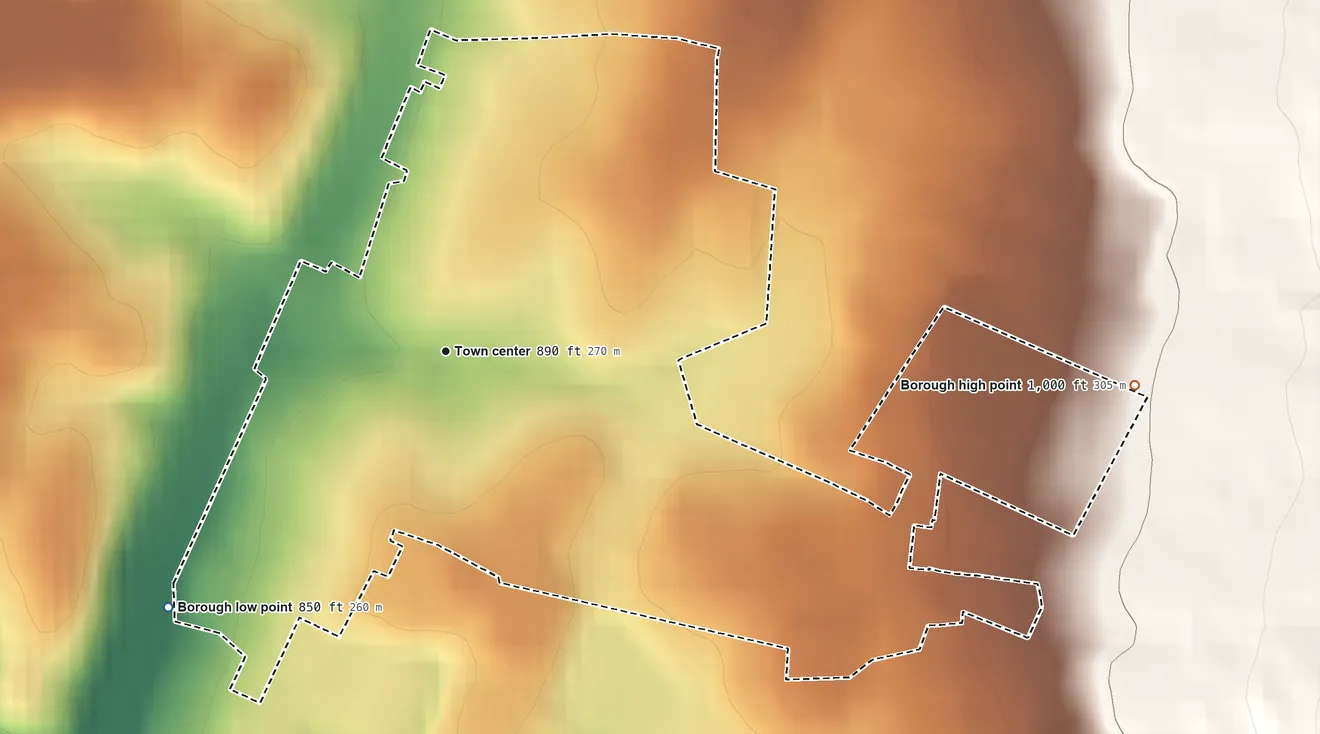 Topographic elevation map of McConnellsburg, Pennsylvania, shaded from 850 ft on the southwest side to 1,000 ft at the foot of the Appalachian Mountains