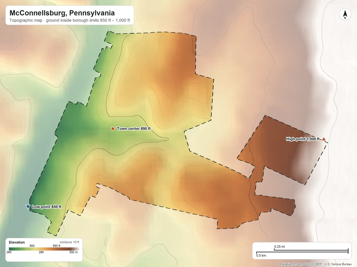 Topographic elevation map of McConnellsburg, Pennsylvania, shaded from 850 ft on the southwest side to 1,000 ft at the foot of the Appalachian Mountains