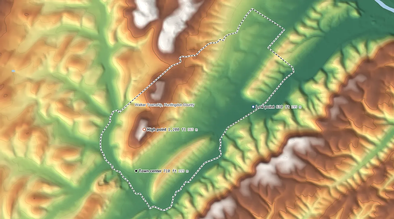 Topographic elevation map of McConnellstown, Pennsylvania, shaded from 630 ft on the northeast side to 1,200 ft on the north side