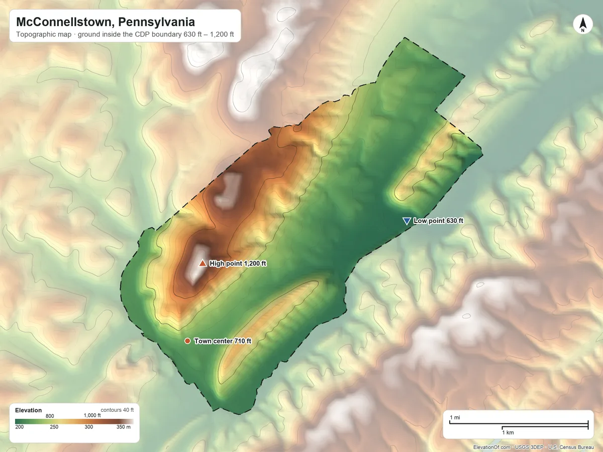 Topographic elevation map of McConnellstown, Pennsylvania, shaded from 630 ft on the northeast side to 1,200 ft on the north side