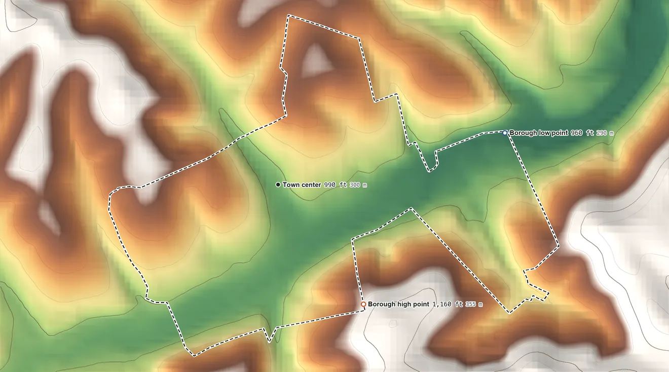 Topographic elevation map of McDonald, Pennsylvania, shaded from 960 ft on the east side to 1,160 ft on the southeast side
