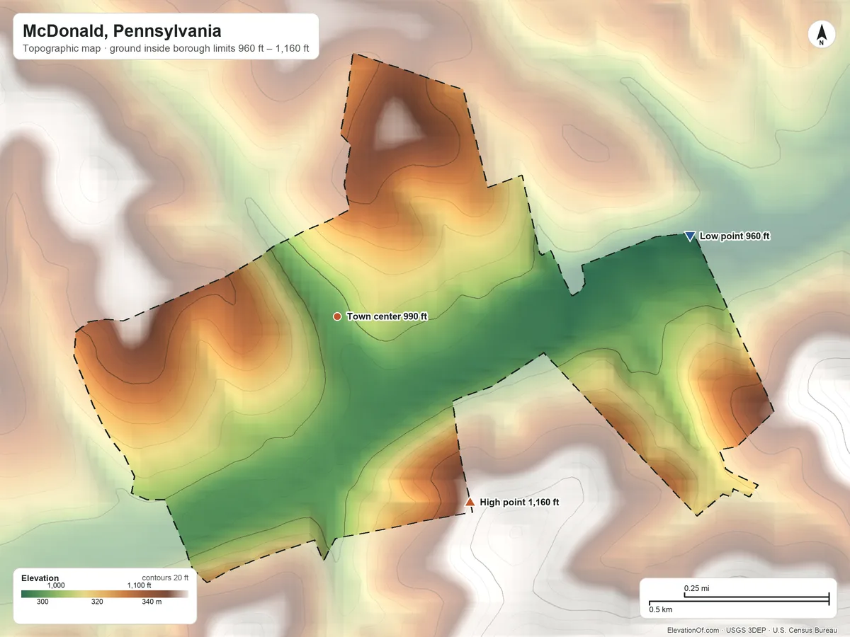 Topographic elevation map of McDonald, Pennsylvania, shaded from 960 ft on the east side to 1,160 ft on the southeast side