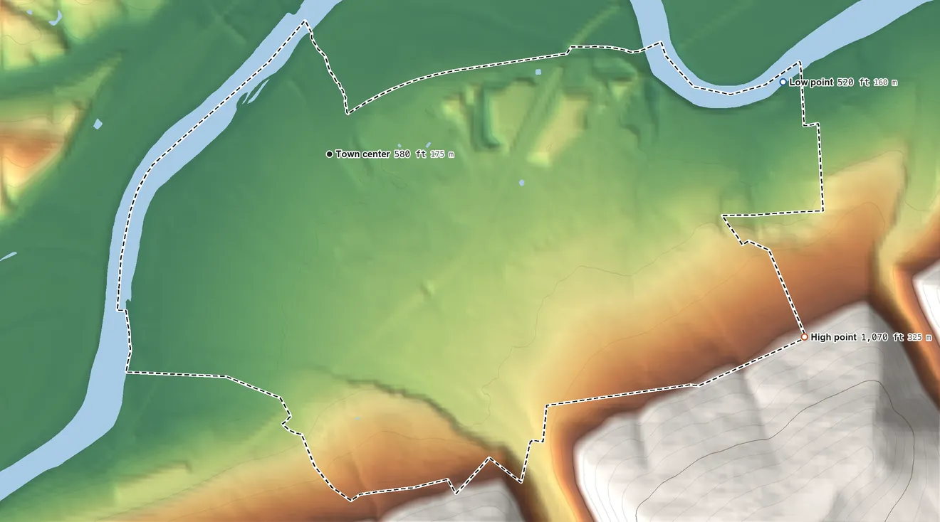 Topographic elevation map of McElhattan, Pennsylvania, shaded from 520 ft on the east side to 1,070 ft on the east edge, below higher ground just outside