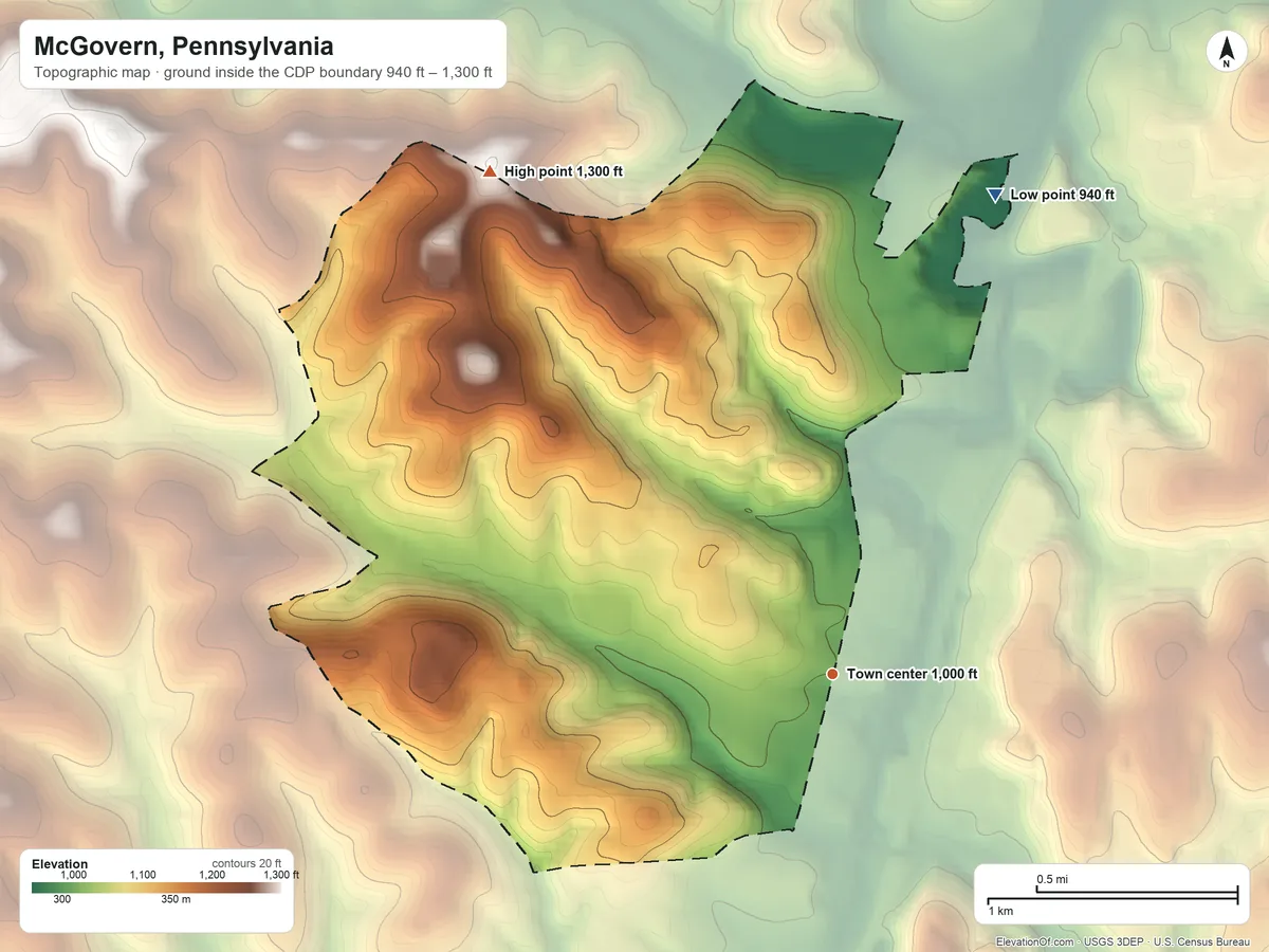 Topographic elevation map of McGovern, Pennsylvania, shaded from 940 ft on the north side to 1,300 ft on the northwest side