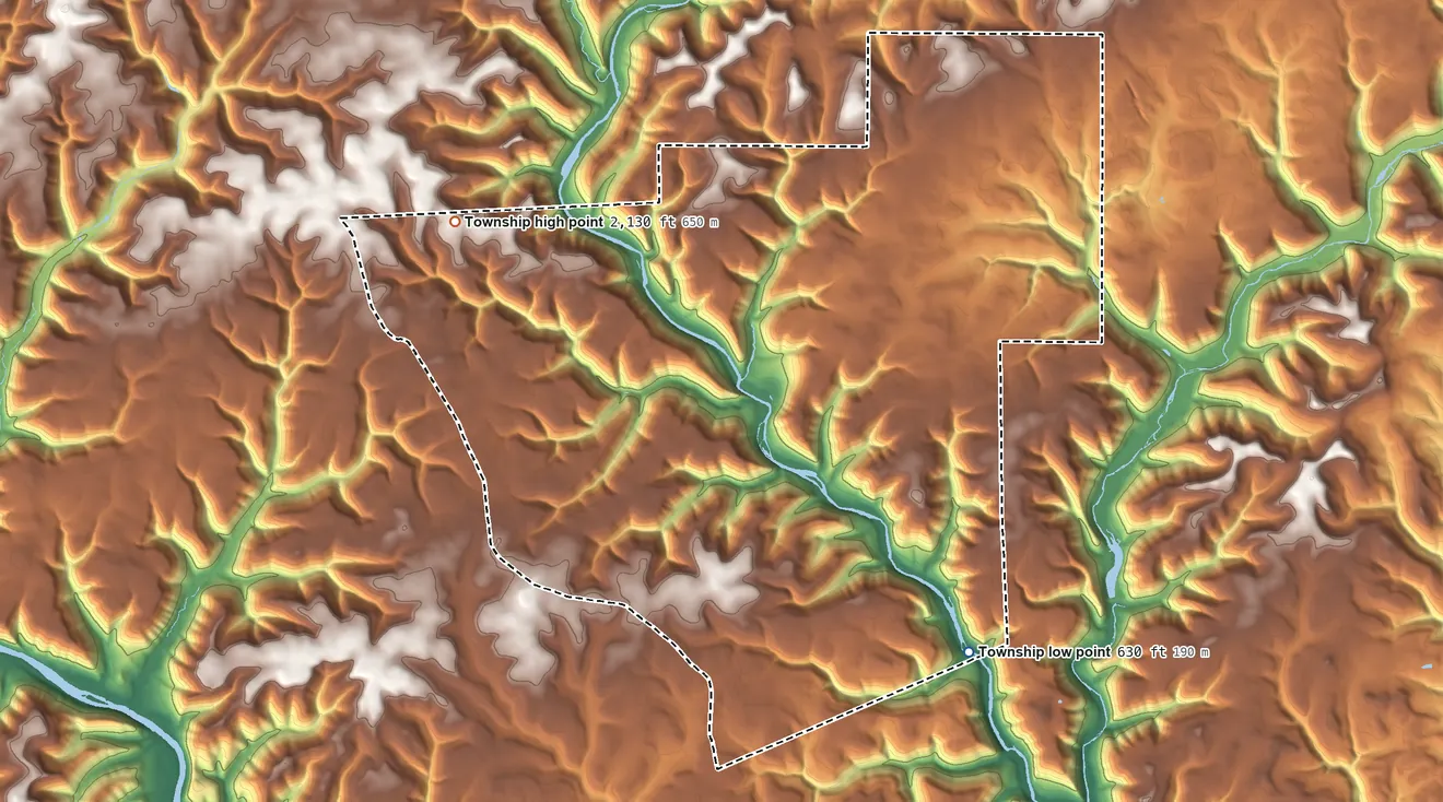 Topographic elevation map of McHenry Township, Pennsylvania, shaded from 630 ft on the southeast side to 2,130 ft on the northwest side