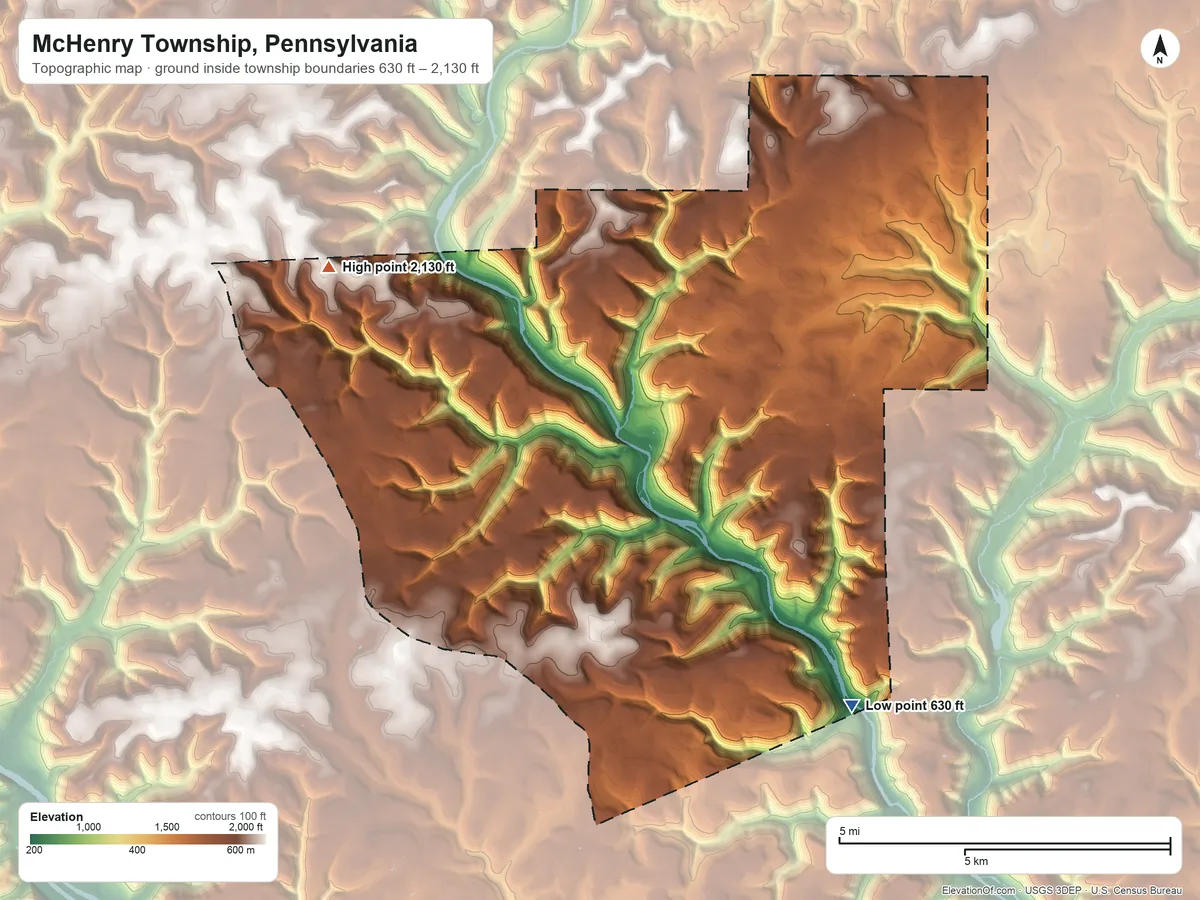 Topographic elevation map of McHenry Township, Pennsylvania, shaded from 630 ft on the southeast side to 2,130 ft on the northwest side