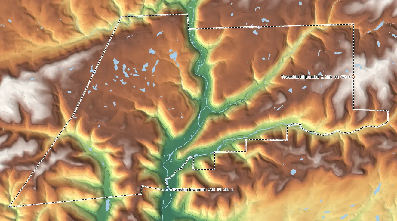 Topographic elevation map of McIntyre Township, Pennsylvania, shaded from 770 ft on the southwest side to 2,210 ft on the east side