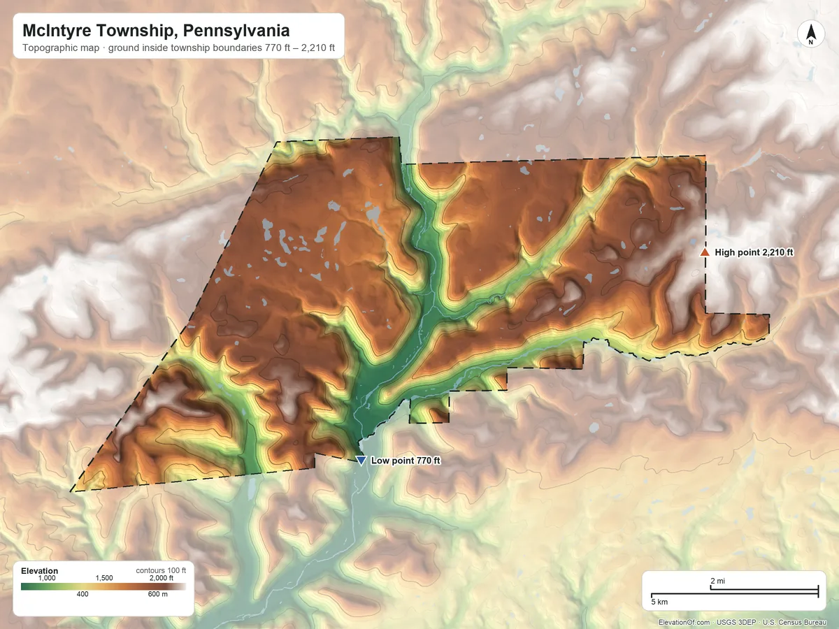 Topographic elevation map of McIntyre Township, Pennsylvania, shaded from 770 ft on the southwest side to 2,210 ft on the east side