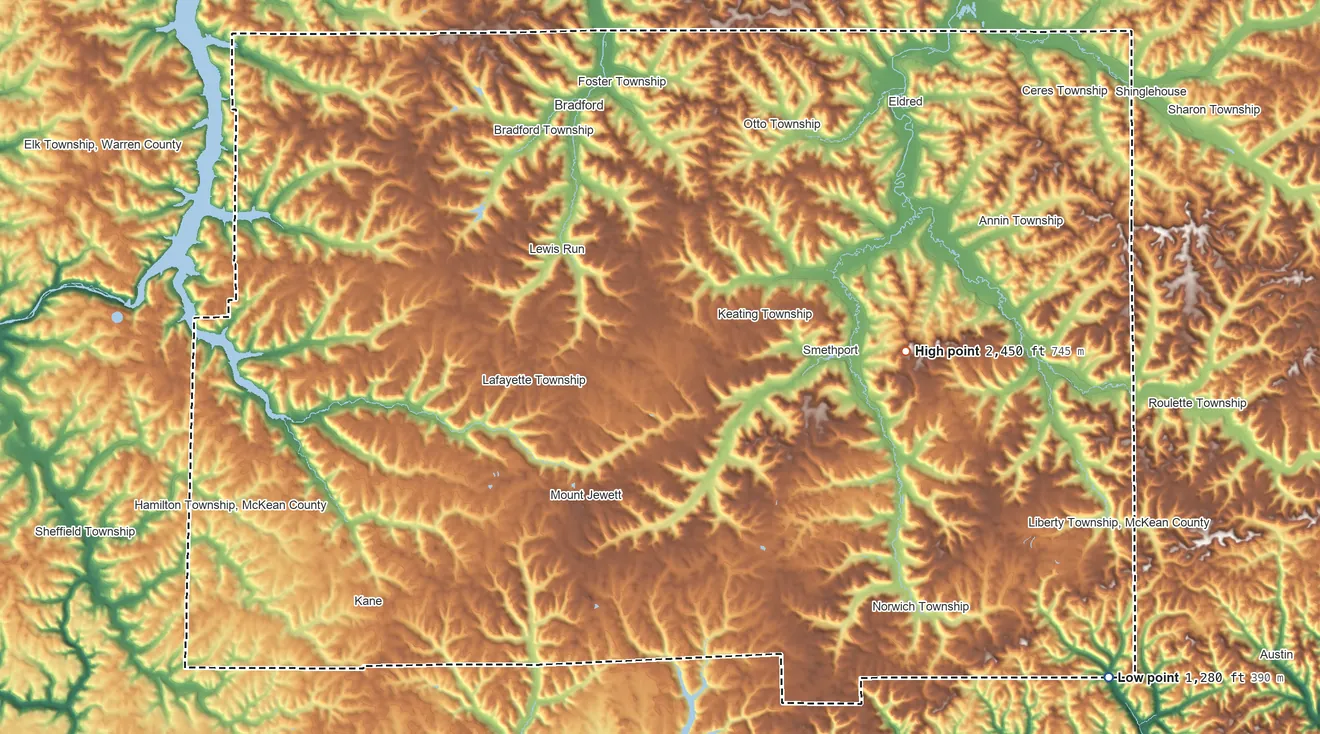 Topographic elevation map of McKean County, Pennsylvania, shaded from 1,280 ft on the southeast side to 2,450 ft on Prospect Hill