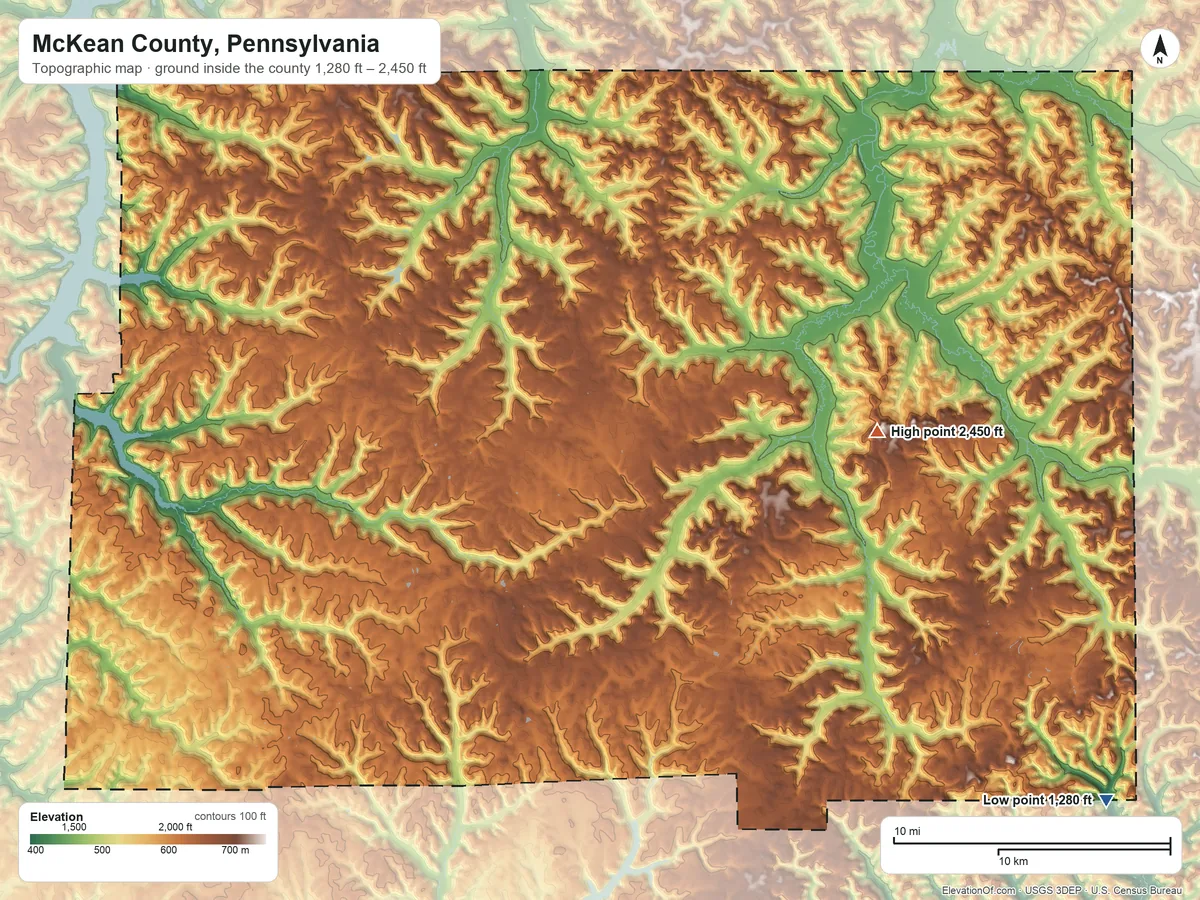 Topographic elevation map of McKean County, Pennsylvania, shaded from 1,280 ft on the southeast side to 2,450 ft on Prospect Hill