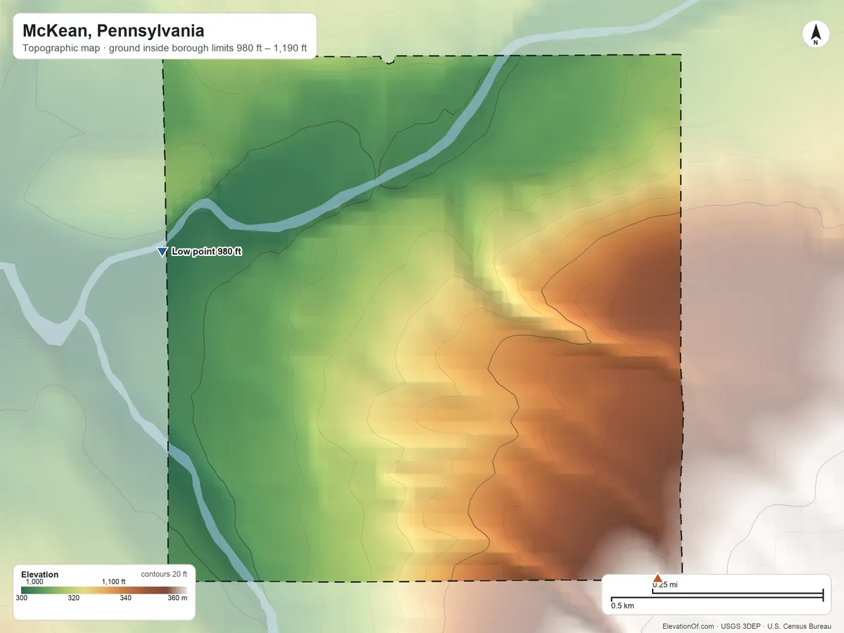 Topographic elevation map of McKean, Pennsylvania, shaded from 980 ft on the northwest side to 1,190 ft on the east side