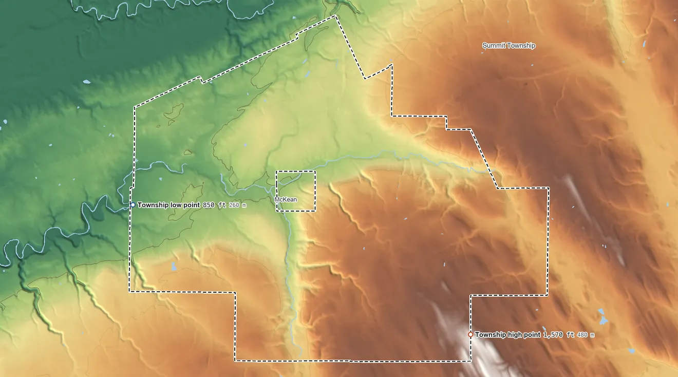 Topographic elevation map of McKean Township, Pennsylvania, shaded from 850 ft on the west side to 1,570 ft on the southeast side