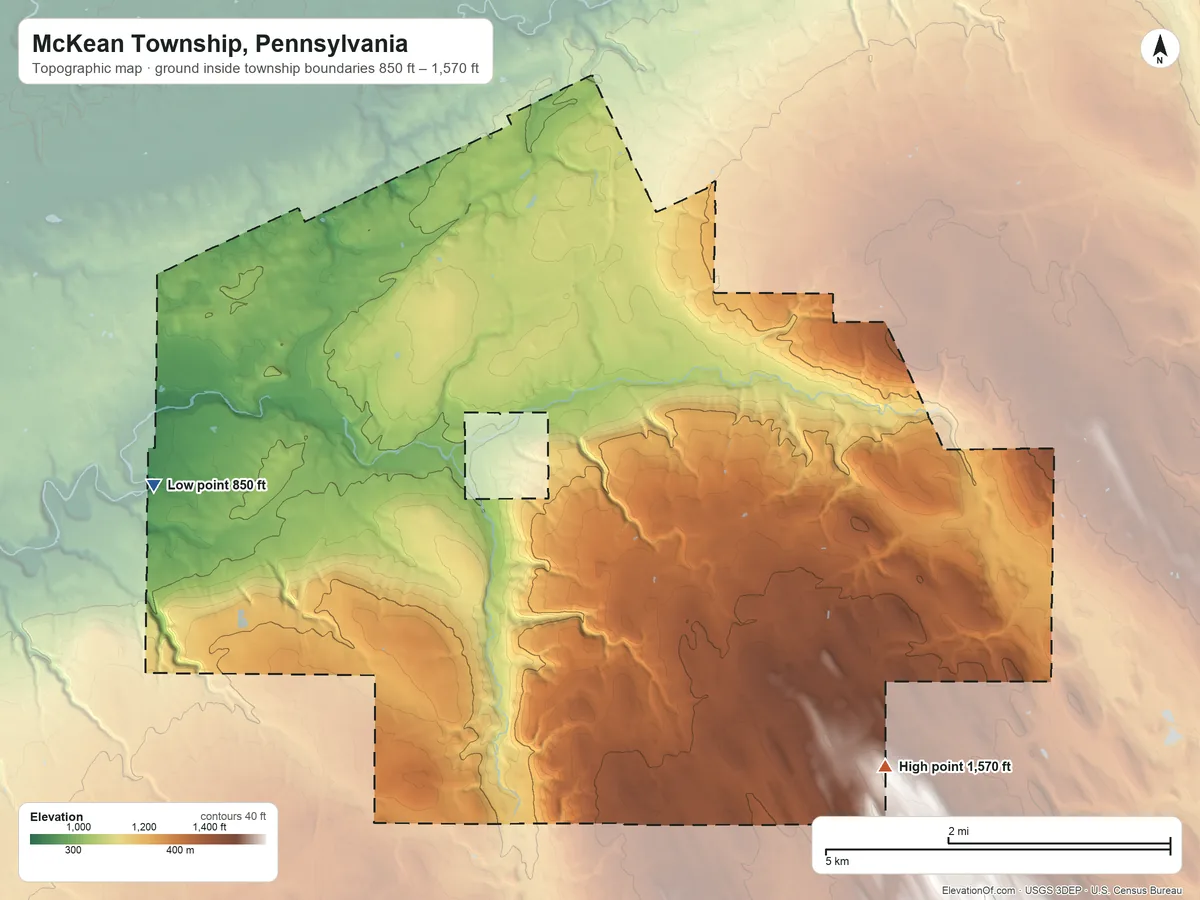 Topographic elevation map of McKean Township, Pennsylvania, shaded from 850 ft on the west side to 1,570 ft on the southeast side