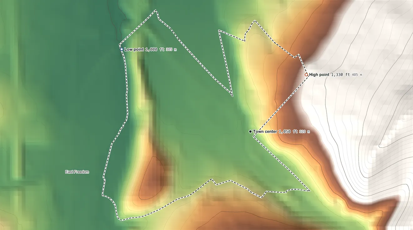 Topographic elevation map of McKee, Pennsylvania, shaded from 1,000 ft on the northwest side to 1,330 ft at the foot of the Tussey Mountain