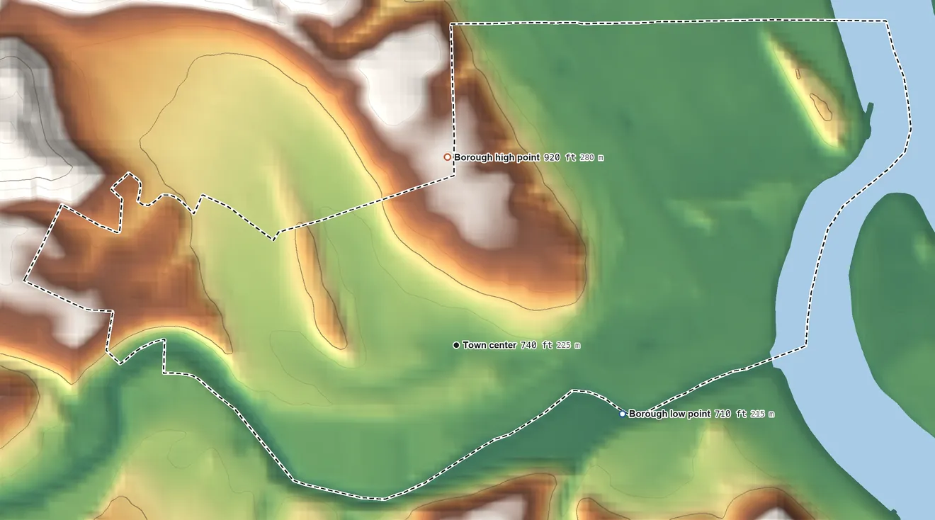 Topographic elevation map of McKees Rocks, Pennsylvania, shaded from 710 ft on the east side to 920 ft on the north side
