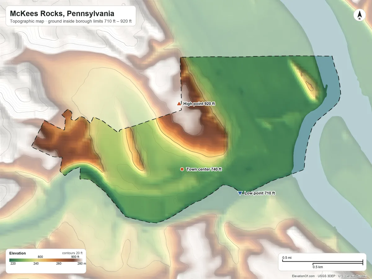 Topographic elevation map of McKees Rocks, Pennsylvania, shaded from 710 ft on the east side to 920 ft on the north side