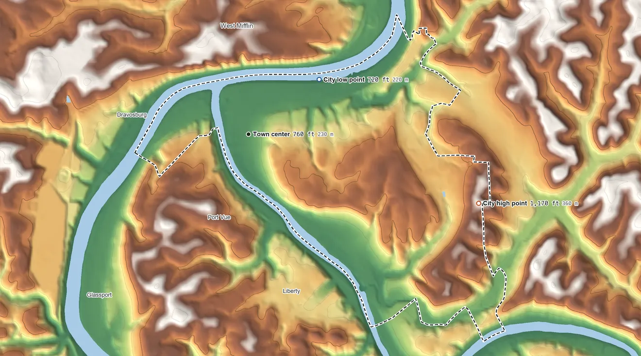 Topographic elevation map of McKeesport, Pennsylvania, shaded from 720 ft on the northeast side to 1,170 ft on the east side